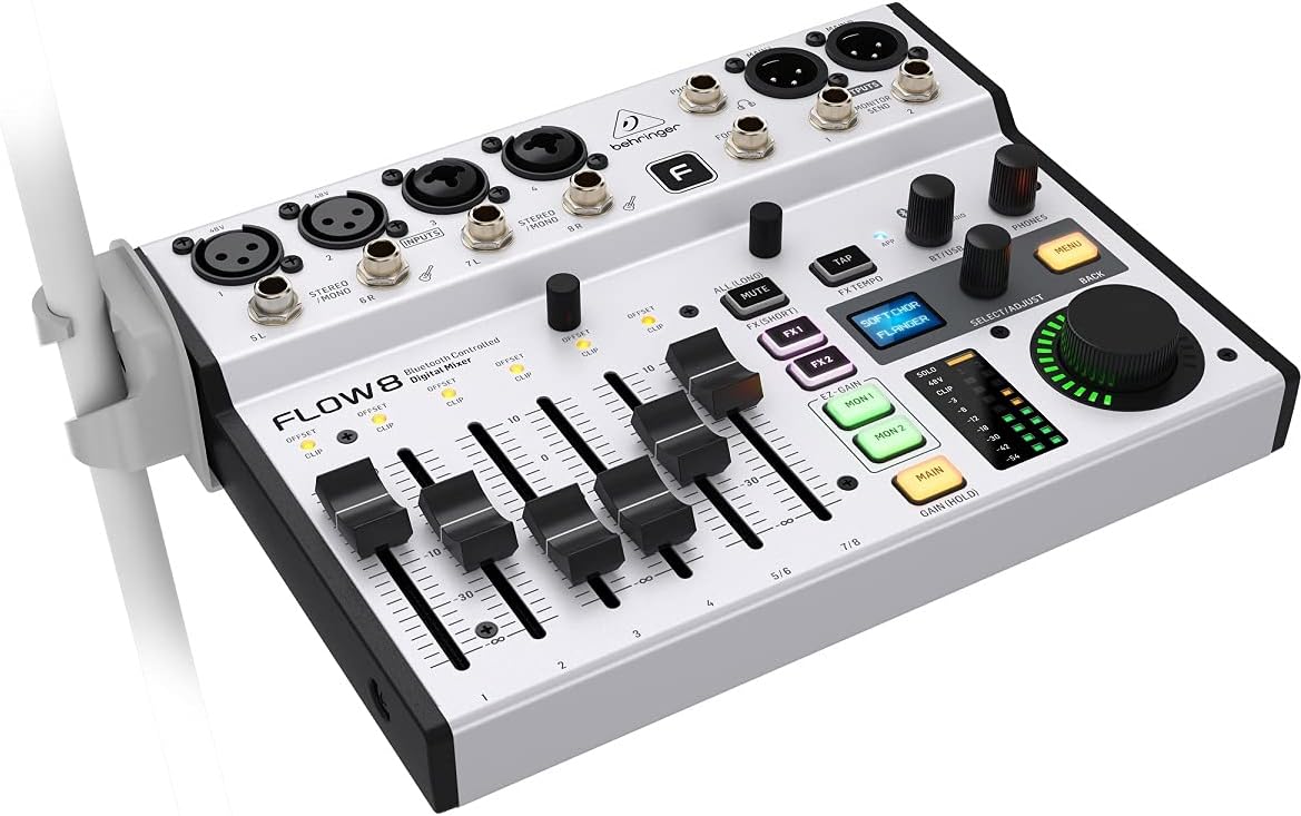 Behringer FLOW 8 8-Input Digital Mixer with Bluetooth Audio and App Control, 60mm Channel Faders, 2 FX Processors and USB/Audio Interface