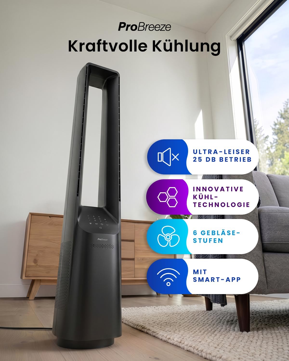 Pro Breeze 101cm rotorloser Ventilator - Smart Home Ventilator mit WLAN, Fernbedienung, LED Display, 6 Geschwindigkeiten - Turmventilator sehr leise, 5 Betriebsmodi, Auto 60° Oszillation, 7h Timer
