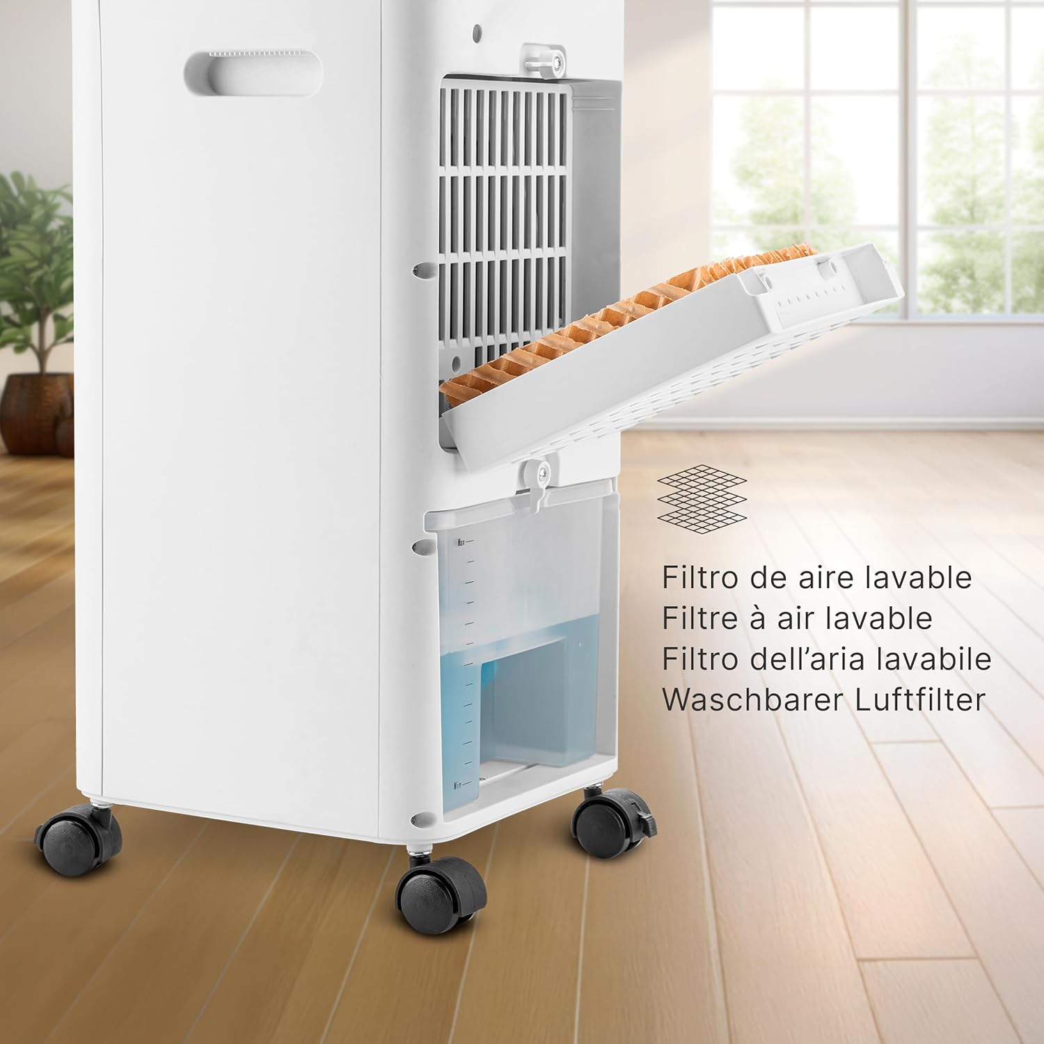 Ufesa Narvik Verdunstungskühler, 65W, Kühlfunktion und Ventilator, 3 Geschwindigkeiten, 3 Modi, Touchpanel, 5L Wassertank, 12h Timer, Waschbarer Filter, 2 Kühlakkus, Fernbedienung
