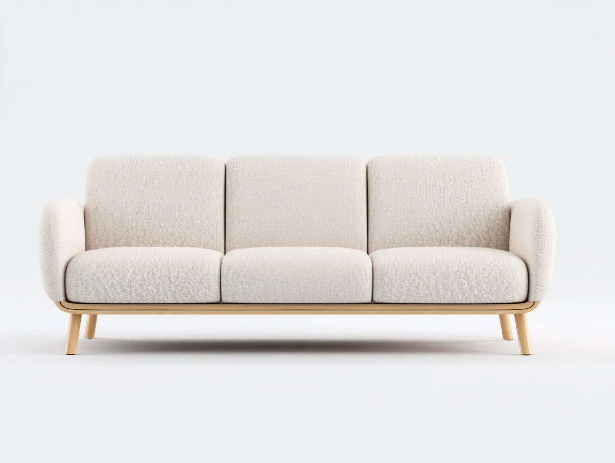 3 Sitzer Sofas-Stoff-Holz-210 x 90 x 84 cm-Creme-Minimalistischer Skandinavischer Wohnstil
