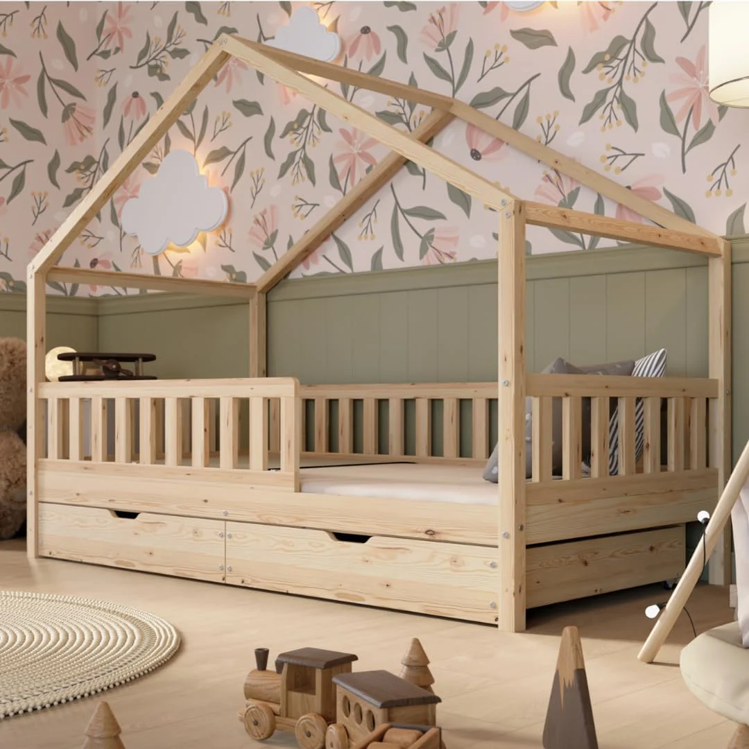 Crazy Pine Hausbett mit Schubladen 200x90 cm �C Kinderbett aus Naturholz mit Rausfallschutz �C Montessori Bodenbett mit zus?tzlichen Stauraum und und Abnehmbarer Barriere - Crazy House