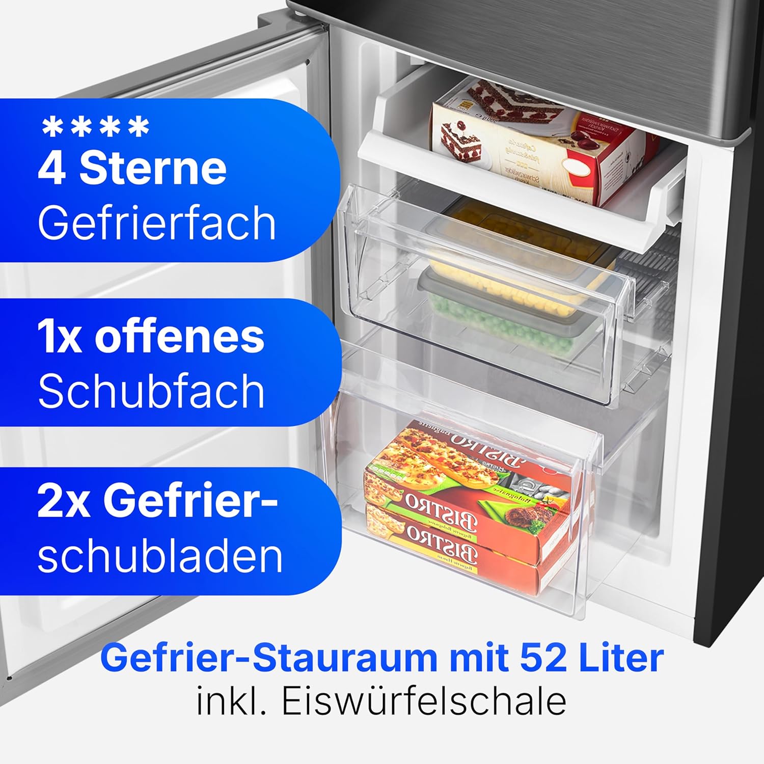 Bomann® Kühlschrank mit Gefrierfach | Energieklasse C | 143cm | Kühl Gefrierkombination leise 40 dB | 3 Ablagen & 2 Schubladen | Türanschlag wechselbar | 173L Kühlgefrierkombi | KG 7359 schwarz-inox