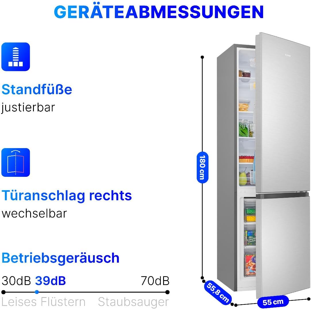 Bomann Kühlschrank mit Gefrierfach | Energieklasse D | 180cm | Kühl Gefrierkombination leise 39 dB | 4 Ablagen & 3 Schubladen | Türanschlag wechselbar | 269L Kühlgefrierkombi | KG 184.2 inox