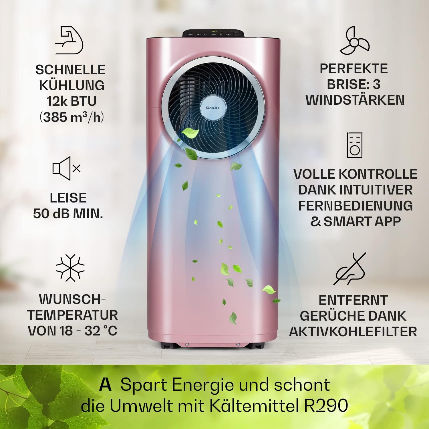 Klarstein Mobile Klimaanlage mit Abluftschlauch, 5-in-1 Klimagerät, Ventilator, Luftentfeuchter, Luftreiniger & Nachtmodus, App-Steuerung, Kleine & Portable für Wohnung & Büro, 12000 BTU