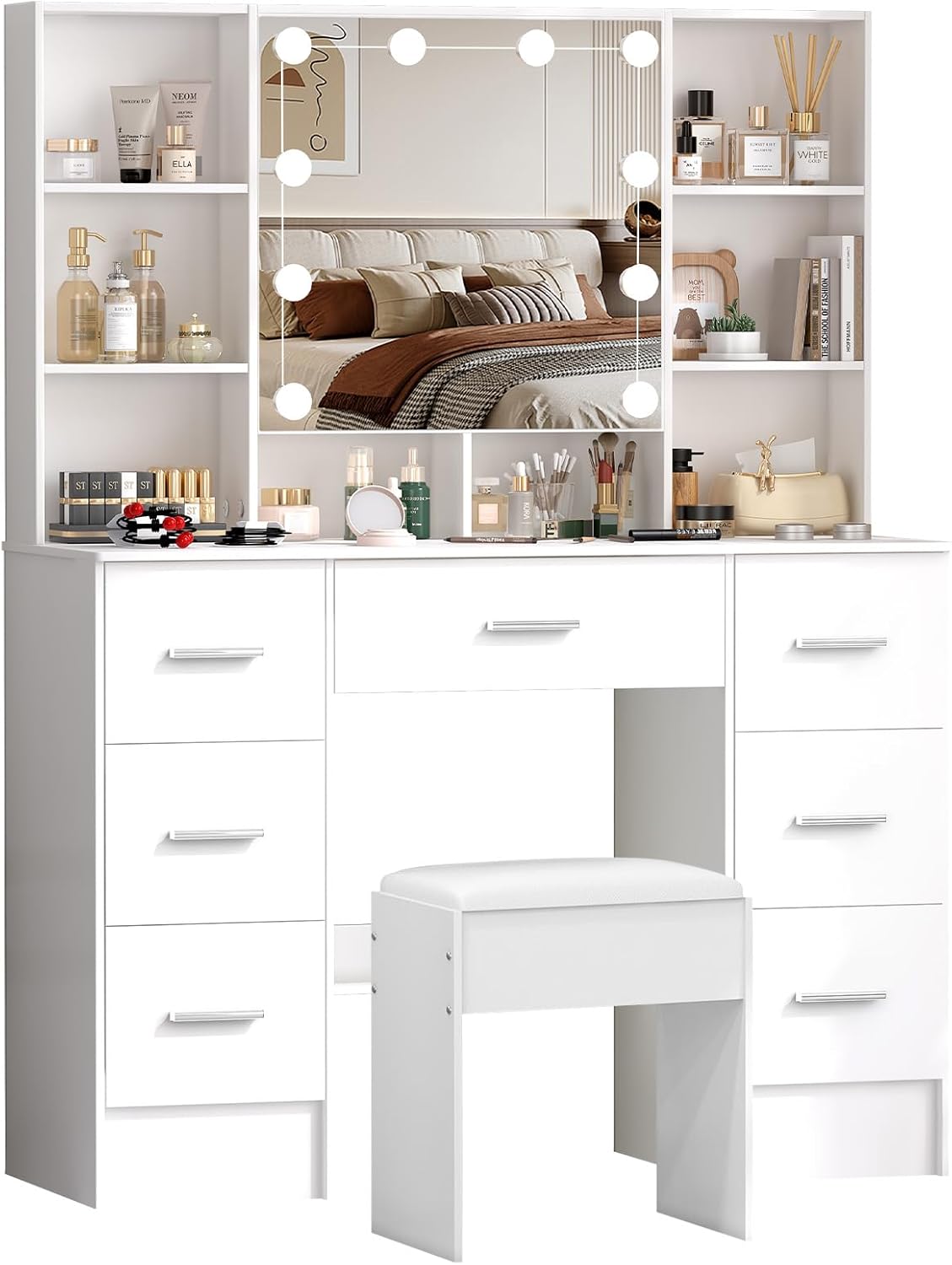 Großer Schminktisch mit Hocker und Spiegel und Beleuchtung, 3 Farbtemperaturen mit Einstellbare Helligkeit, Kosmetiktisch mit 7 Schubladens, 40x100x140cm, SD5210
