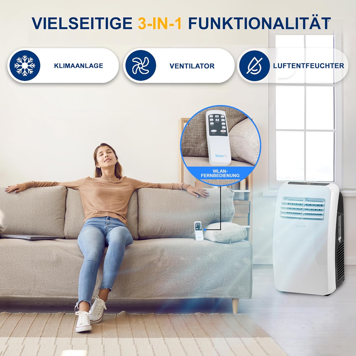 SereneLife Mini Klimaanlage mobil, 3-in-1 mobiles Klimagerät mit Abluftschlauch – Luftkühler, Luftentfeuchter & Ventilator, Air conditioner – 9.000 BTU, 1,5L Feuchtigkeit/Stunde, kühlt Räume bis 42 m2