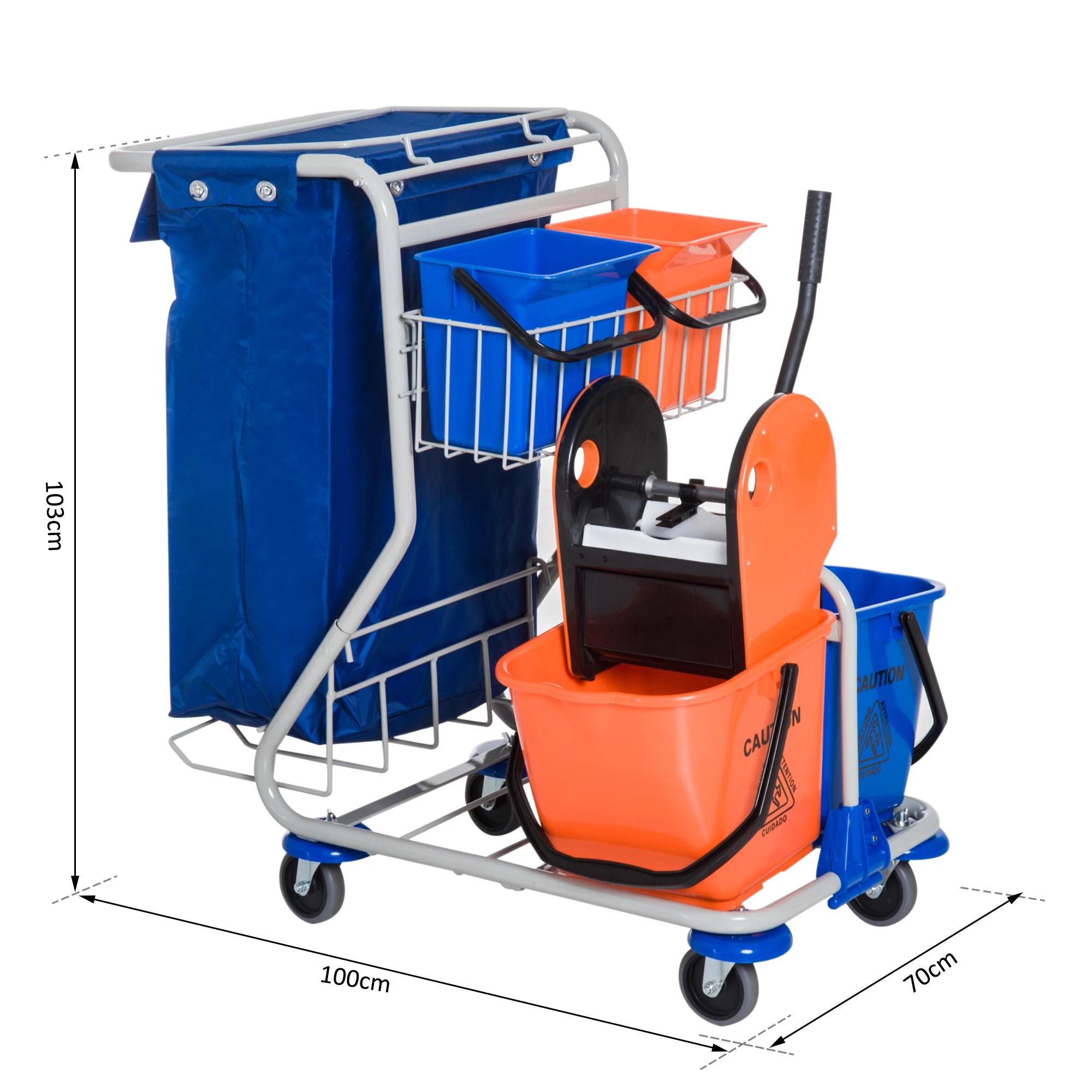 Schoonmaakwagen schoonmaaktrolley met wielen 4 verrijdbare emmers, dweilwagen, blauwe systeemwagen