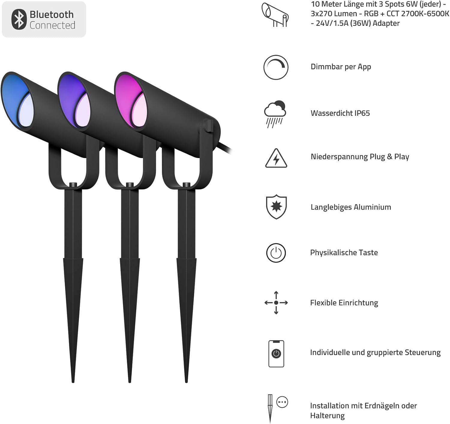 Hombli Smarter Spot Wegeleuchten mit 16 Millionen Farben RGB CCT, wetterfestes Gartenlicht, App-fähig, dimmbar, LED-Außenlicht, Zeitschaltuhr - Swiss 3er Pack