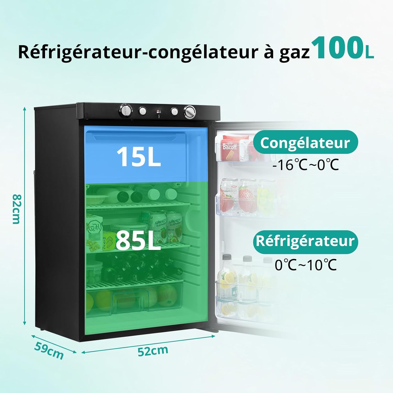 SMETA 100L Frigo Gaz 12V 220V, Camping Car Réfrigérateur avec Congélateur, Porte Réversible, Caravane Garage Mobile-home Silencieux, Noir, avec Poignée