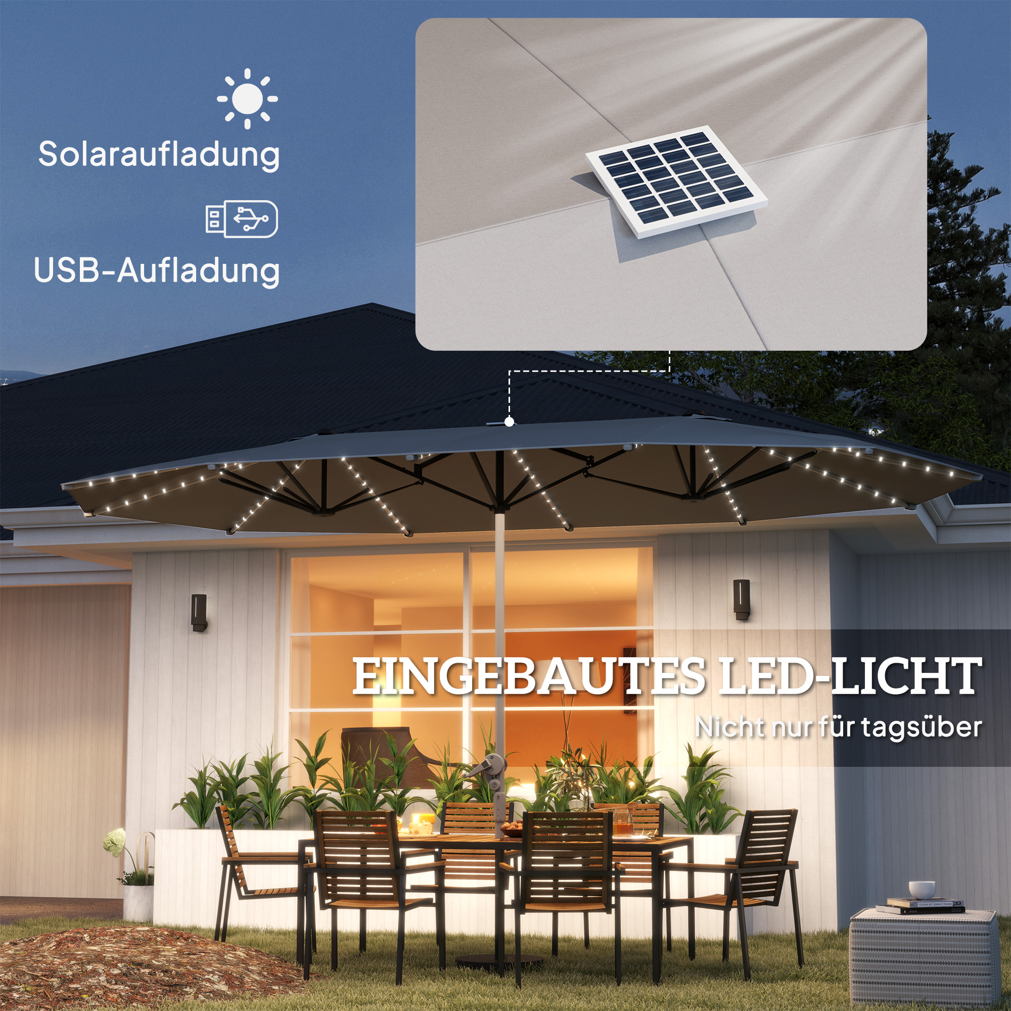 Dubbele Parasol met Zonne-energie Verlichting, Aluminium, Polyester, UPF50+ Bescherming, UV-bestendig, Terras Parasol, Donkergrijs