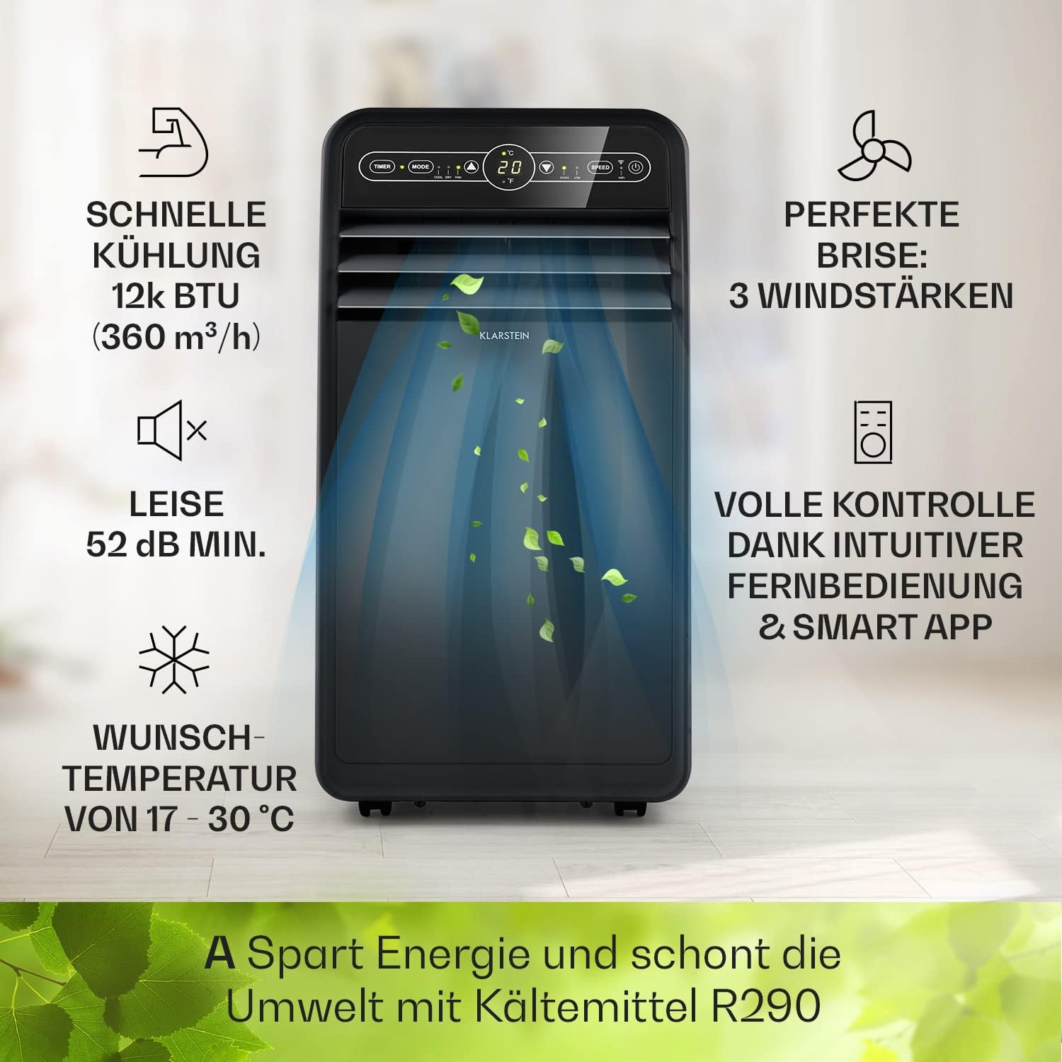 Klarstein Mobile Klimaanlage mit Abluftschlauch, 4-in-1 Klimagerät mit Ventilator, Luftentfeuchter & Nachtmodus, Kleine & Portable Klimaanlage für Wohnung & Büro, Niedriger Verbrauch, 9000 BTU