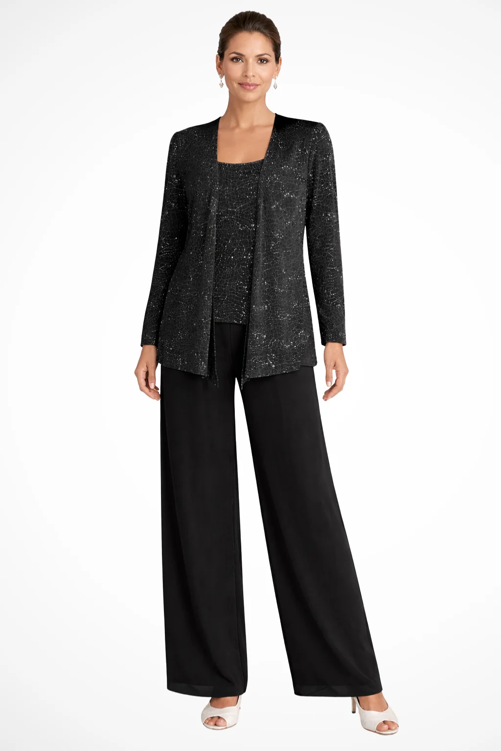 Damen Hosenanzug 3-teilig festlich | Set mit Pailletten-Spitzenjacke und weiter Hose | Elegantes Outfit f��r Hochzeitsg?ste