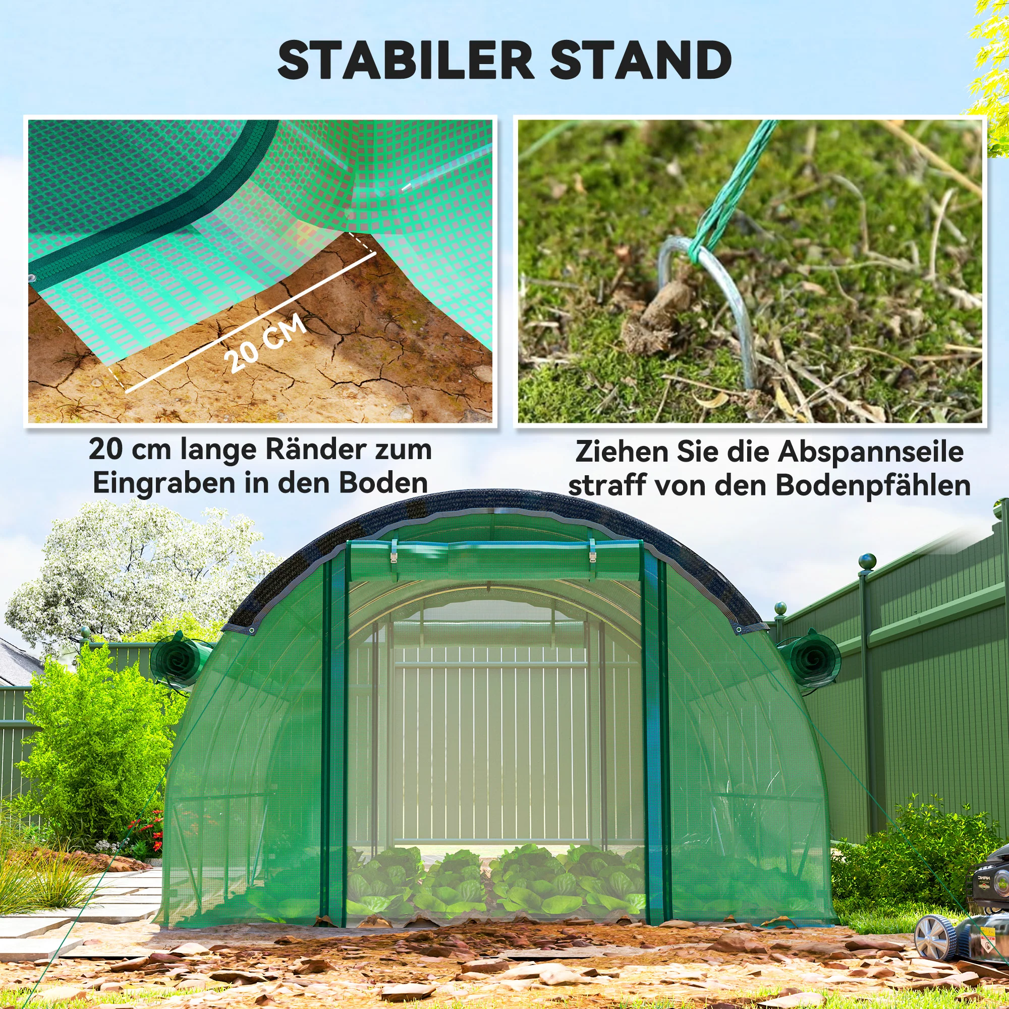 Outsunny 4 x 3 x 2 m Polykastunnel met Zonneschermnet, Oprolbare Zijwanden, Plastic Afdekking, Stalen Frame, Groen