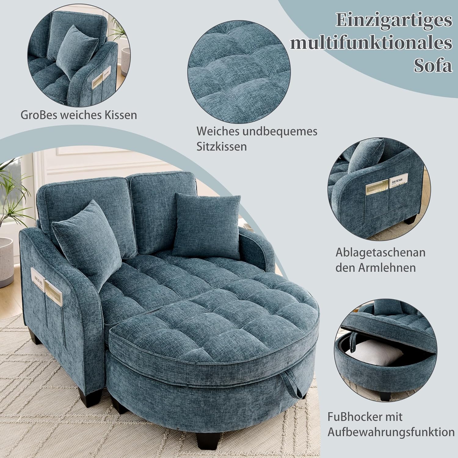 Sofa mit mit Aufbewahrungs-Hocker, Schlafsofa mit Verstellbarer Rückenlehne und Kissen, Klein Sofa, für kleine Wohnzimmer,Studienzimmer,Schlafzimmer,Blau