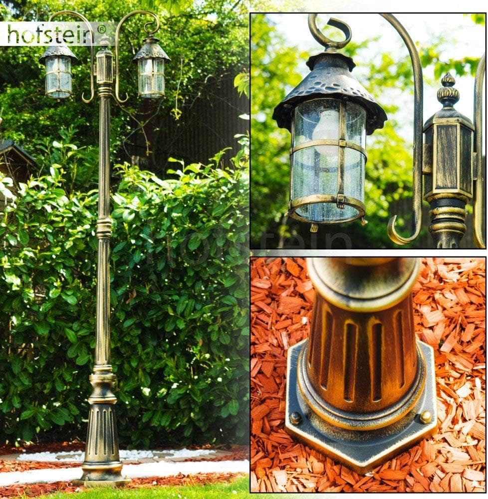 HOFSTEIN Kandelaber Tolep, Außenwegeleuchte aus Metall/Glas in Braun/Gold/Klar, Wegeleuchte im Antik/Retro/Vintage-Design für Garten, Außenbereich, Hof, 220 cm, 2 x E27, IP44