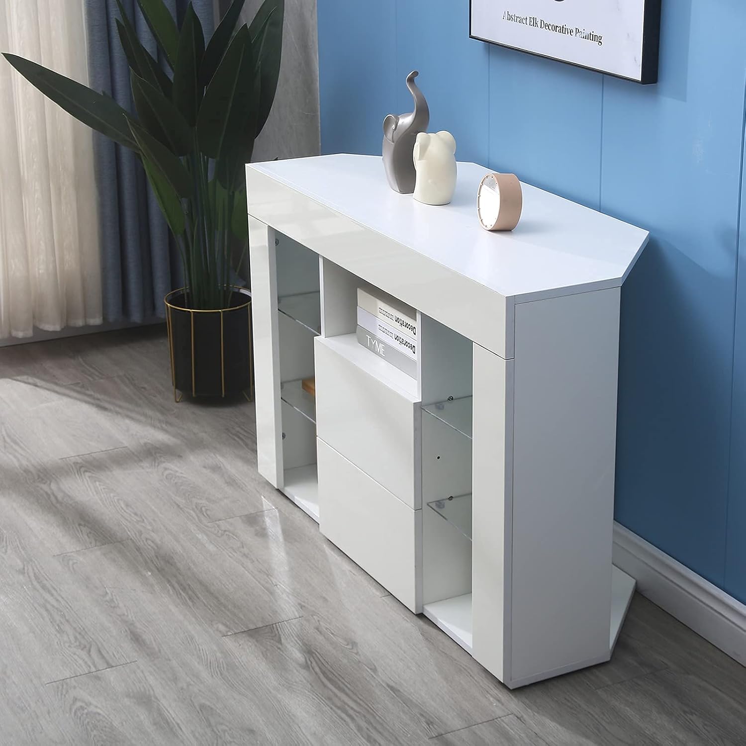 Dripex TV Lowboard Eckschrank mit LED Beleuchtung Weiß Hochglanz Fernsehschrank Eckkommode Fernsehtisch TV Schrank 100x68x40 cm (Weiß)