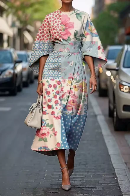 Elegantes Midi-Kleid mit Blumenmuster und G��rtel f��r Hochzeitsg?ste