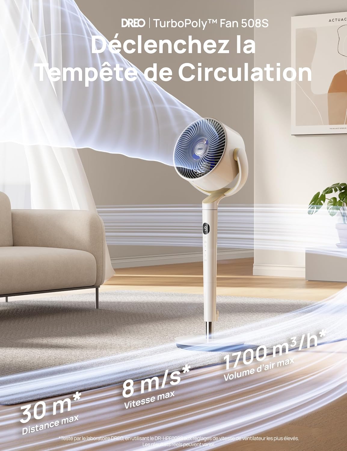 DREO 23dB Intelligent ventilateur sur pied silencieux, 24M portée, volume d'air 1200m³/h, turbo circulateur, 102CM hauteur, 6 modes, 8 vitesses, oscillation omnidirectionnelle 120°+120°
