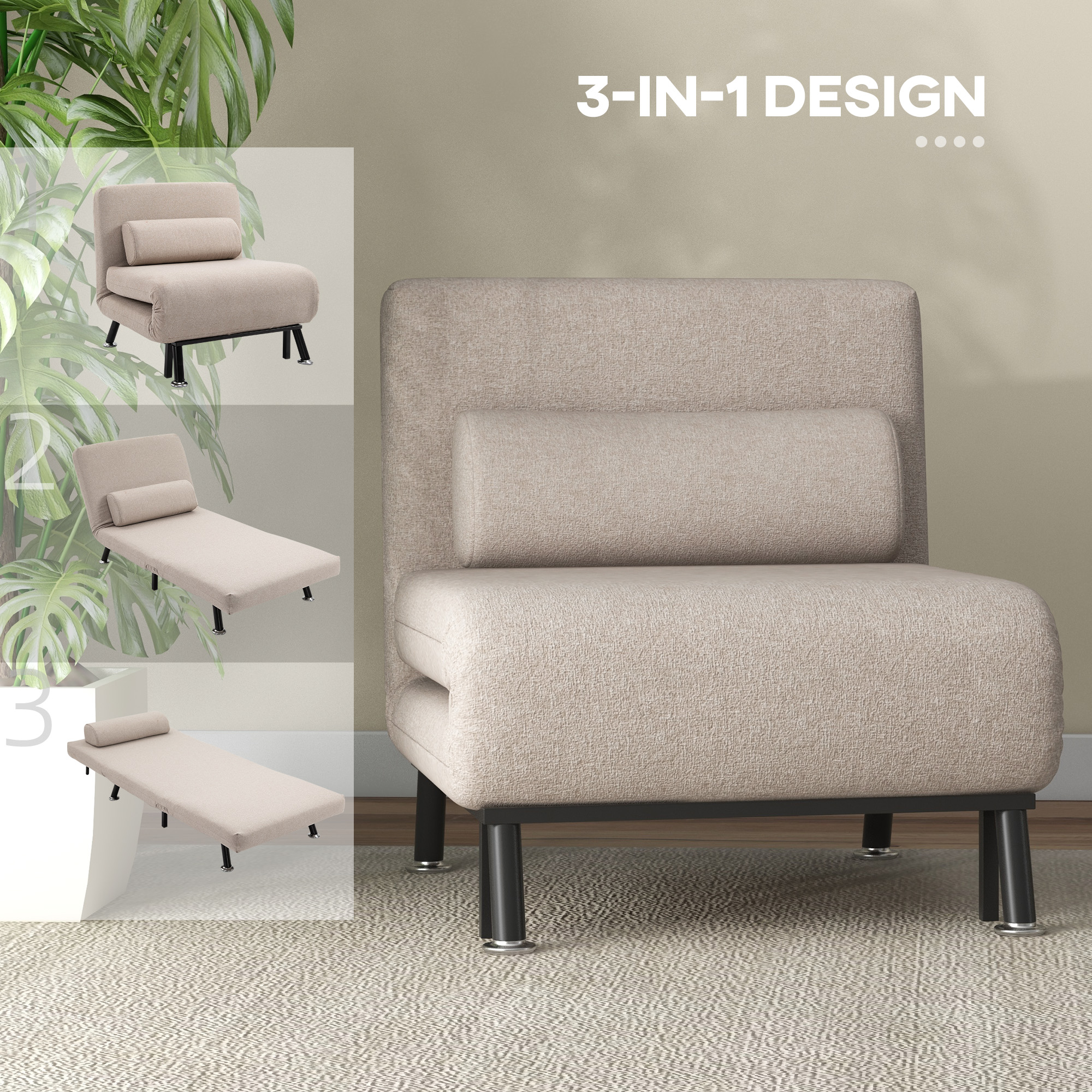 Opklapbare Stoel met Slaapfunctie, Opvouwbare Relaxstoel in Linnenlook, Verstelbare Rugleuning, 75 x 70 x 75 cm, Beige