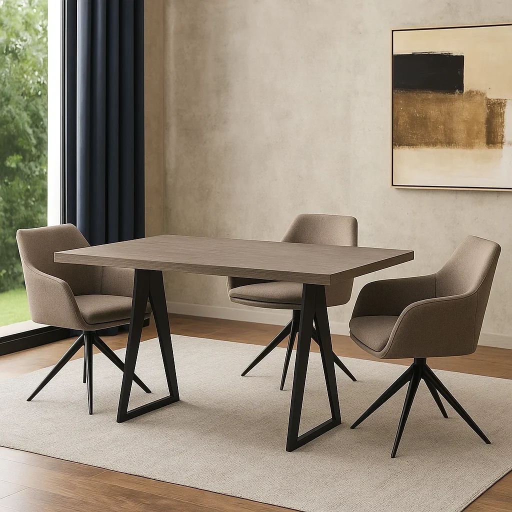 3-personers spisebordsst, tr og stof, taupe farve, rektangulrt bord med geometriske metalben, fast struktur, bord 140x80x75 cm og stol 55x56x83 cm, til indendrs spisning - Lgx0pLLB3RjK