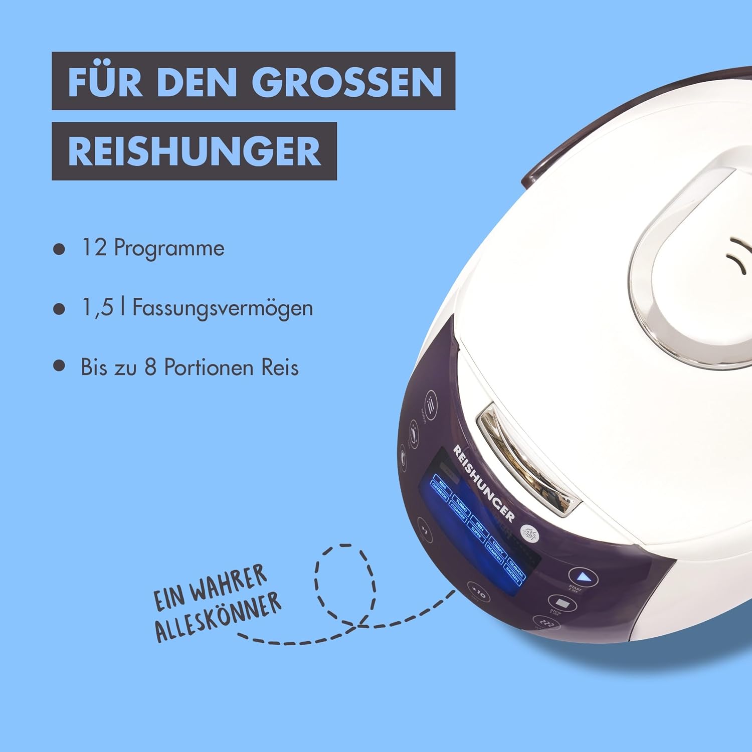 REISHUNGER Digitaler Reiskocher & Dampfgarer Schwarz | 1,5 L bis 8 Personen | Warmhaltefunktion, Timer & Premium Innentopf | Multikocher, 12 Programme, 7-Phasen-Technologie