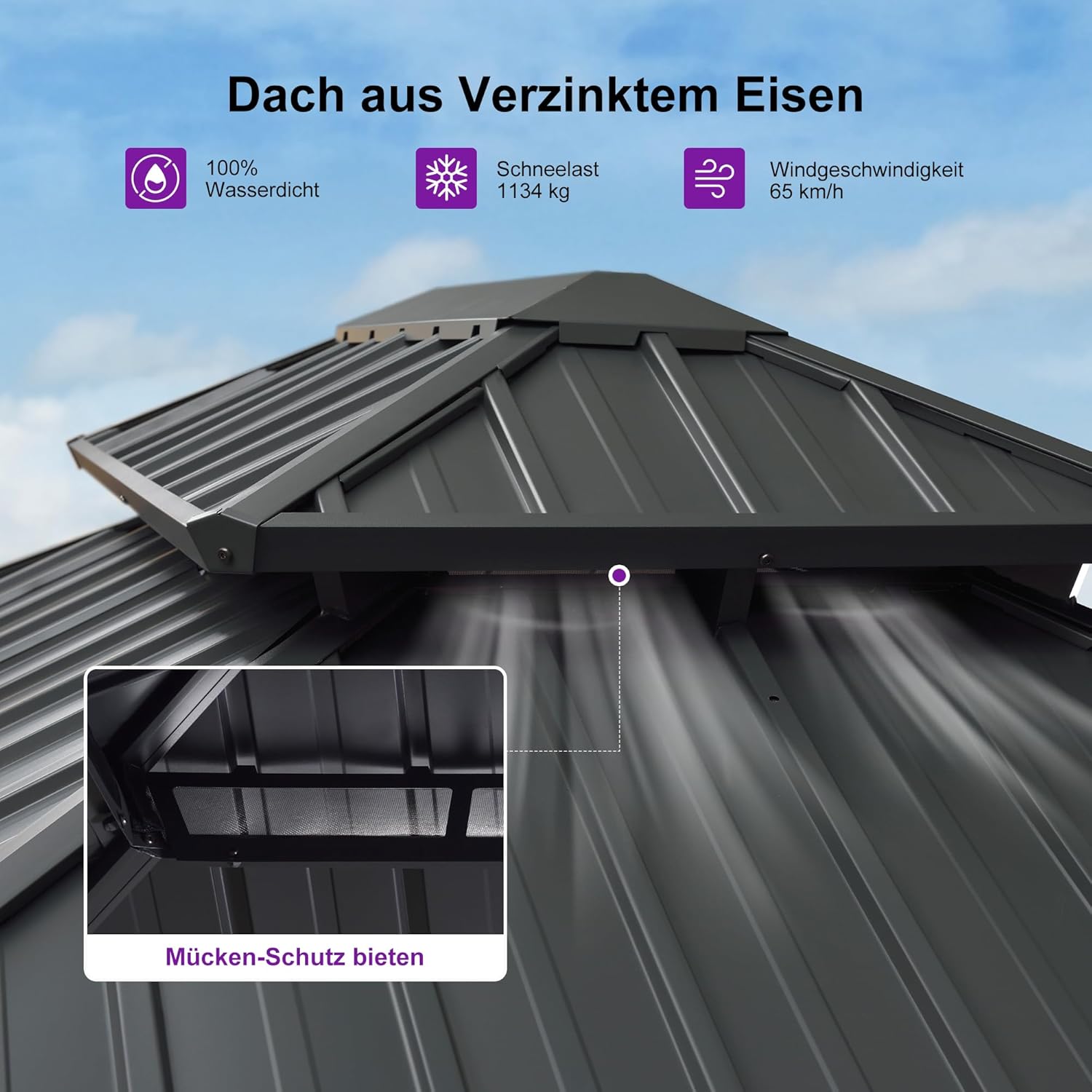 PURPLE LEAF Gartenpavillon 3.65 x 4.25 m Alupavillon Wasserdicht Stabil Winterfest Pavillon mit Stahldach Hardtop Pavillon 14.6 m 24 LED Lichterketten, Grau