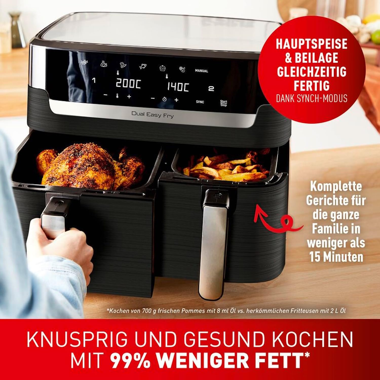 Tefal Dual Easy Fry Heißluftfritteuse Doppelkammer, 5,2/3,1 L Fassungsvermögen, zwei unabhängige Schubladen, 7 automatische Programme, energiesparend, schwarz, EY9018