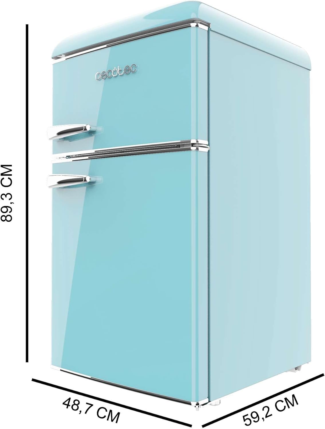 Cecotec Kleiner Kühlschrank - 2-türiger Kühlschrank - Retro 86L Bolero CoolMarket 2D Origin 86 Blue E. 89,3 cm Höhe und 48,7 cm Breite, Energieklasse E, Eisfach, Innenbeleuchtung und Chromgriff, Blau