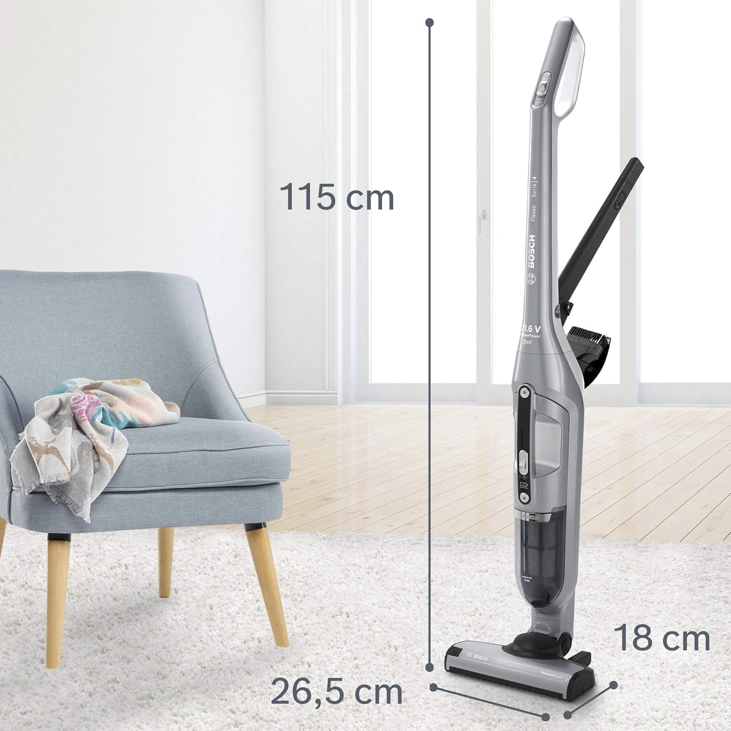 Bosch Akku-Staubsauger Flexxo 2in1 Serie 4 BBH32101, kabelloser Handstaubsauger, beutellos, hohe Saugleistung, Lange Laufzeit, Kurze Ladezeit, Fugendüse, alle Bodenarten, schwarz