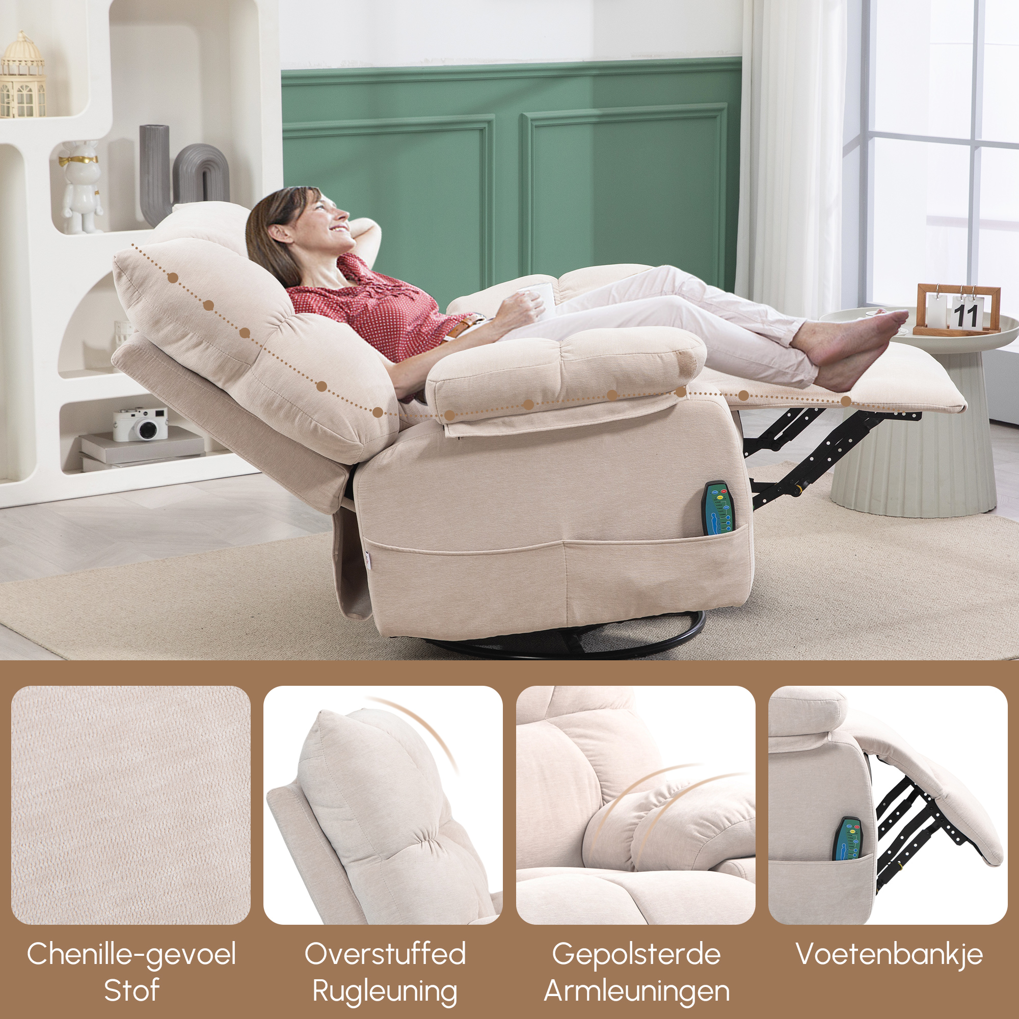 Massagestoel met Verwarmings- & Ligfunctie, Draaibaar, tot 150 kg, Metaal Frame, 98x90x98cm, Beige