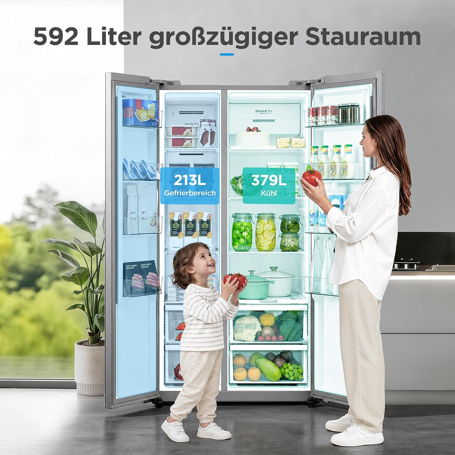 Midea Side-by-Side Kühl-Gefrierkombination 592 L | No Frost, Inverter Kompressor, leise 35 dB | 179,3 cm hoch, Multi-Air-Flow, SuperCool & Freeze | Platinum Fresh | Blau-Stahl, MDRS791MYA46
