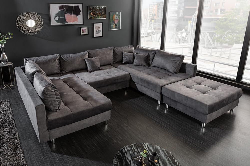Riess Ambiente Moderne XXL Wohnlandschaft Kent 305cm grau Samt Bigsofa inkl. Hocker Federkern Samtsofa Samtcouch Ecksofa Eckcouch U-Sofa U-Couch Wohnzimmer