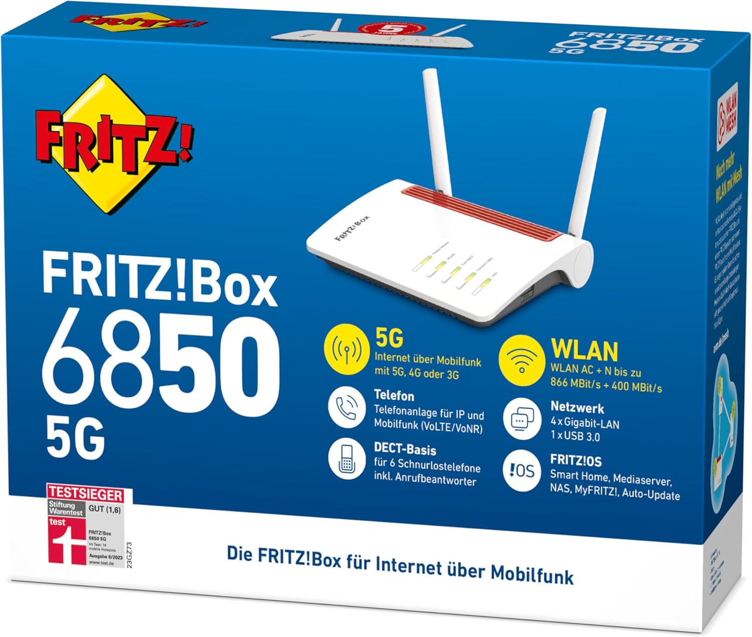 FRITZ!Box 6850 5G (Mobilfunk-Internet bis zu 1.300 MBit/s, WLAN AC+N bis 866 MBit/s (5 GHz) & 400 MBit/s (2,4 GHz), 4 x Gigabit-LAN, DECT-Basis, USB 3.0, geeignet für Deutschland)