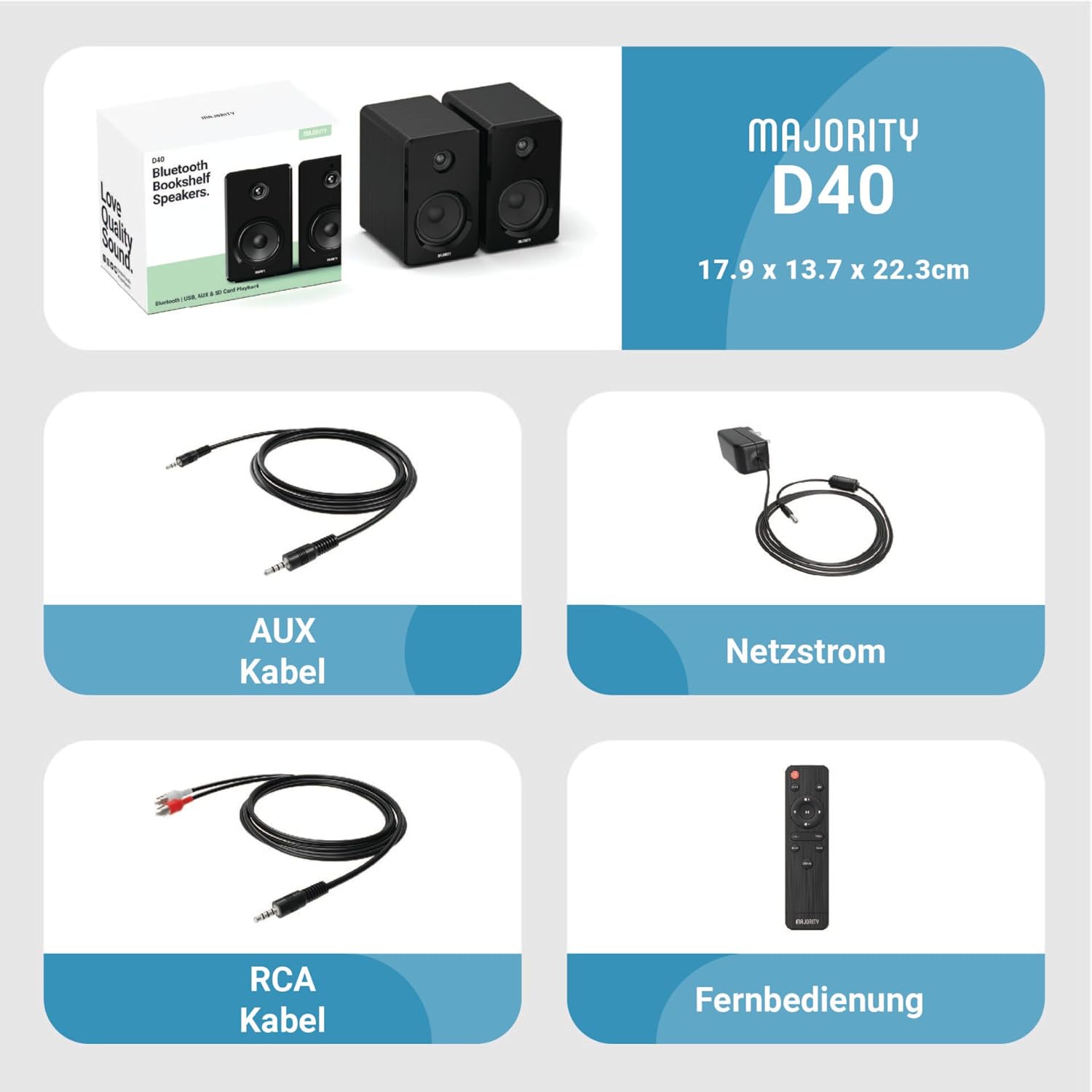 MAJORITY D40 Bluetooth Lautsprecher Boxen | 60W 2.0 Aktivlautsprecher | Studio Monitor mit 4-Treiber | Regallautsprecher für HiFi Stereo mit Optischer, RCA-, USB- und AUX-Eingang | Fernbedienung