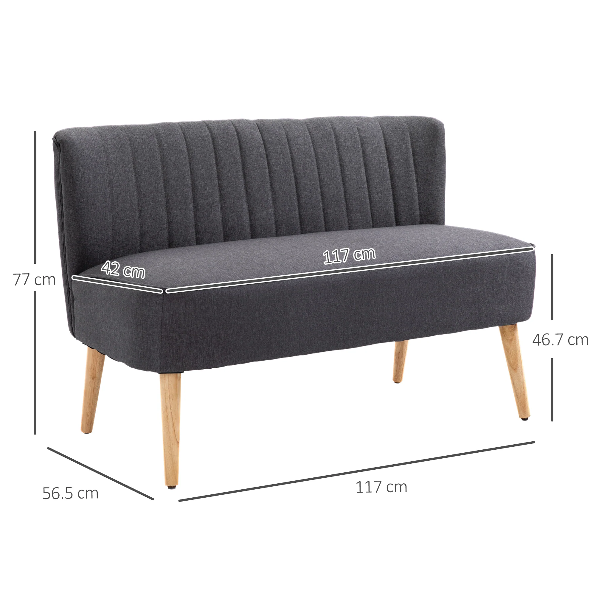 Modern linnen tweezitsbankje, compact bankje met vulling en houten poten, grijs