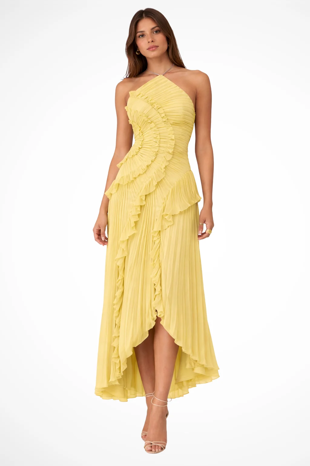 Damen Halterneck Maxikleid mit Volants | R��ckenfreies Sommerkleid f��r Hochzeitsg?ste | Luftiges Kleid mit asymmetrischem Saum