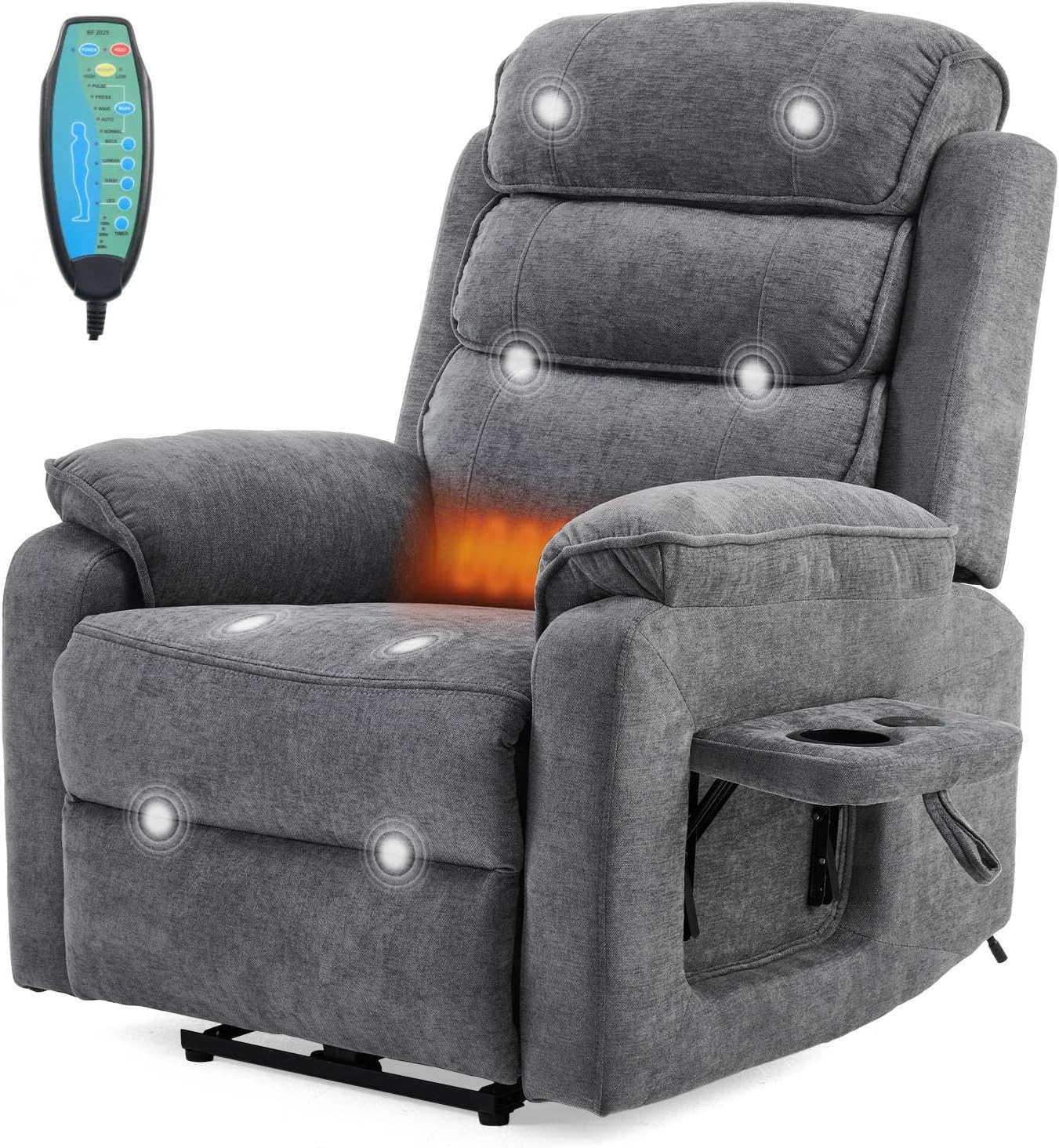 LEADZM Fernsehsessel Relaxsessel mit drahtloser Ladevorrichtung, 1 USB-Anschluss, 1 USB-C-Ladeanschluss, Liegen TV Sessel mit Massage Heizung, Getränkehalter (Dunkelgrau)