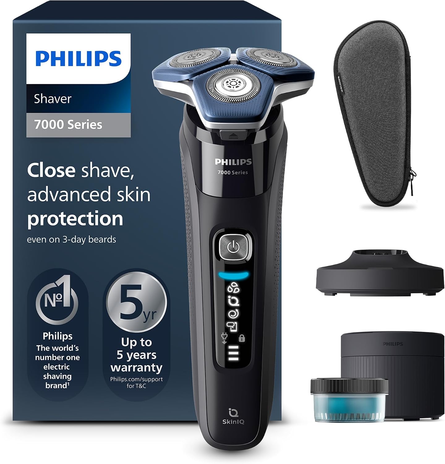 PHILIPS Shaver Series 7000 – Elektrischer Nass- und Trockenrasierer für Herren mit ausklappbarem Trimmer, Reinigungsstation, Ladestation & Reiseetui (Modell S7886/55)