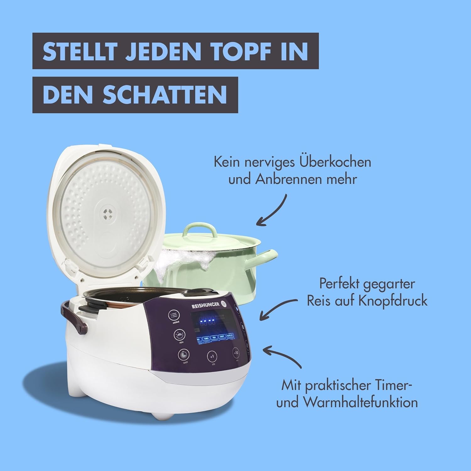 REISHUNGER Digitaler Reiskocher & Dampfgarer Schwarz | 1,5 L bis 8 Personen | Warmhaltefunktion, Timer & Premium Innentopf | Multikocher, 12 Programme, 7-Phasen-Technologie