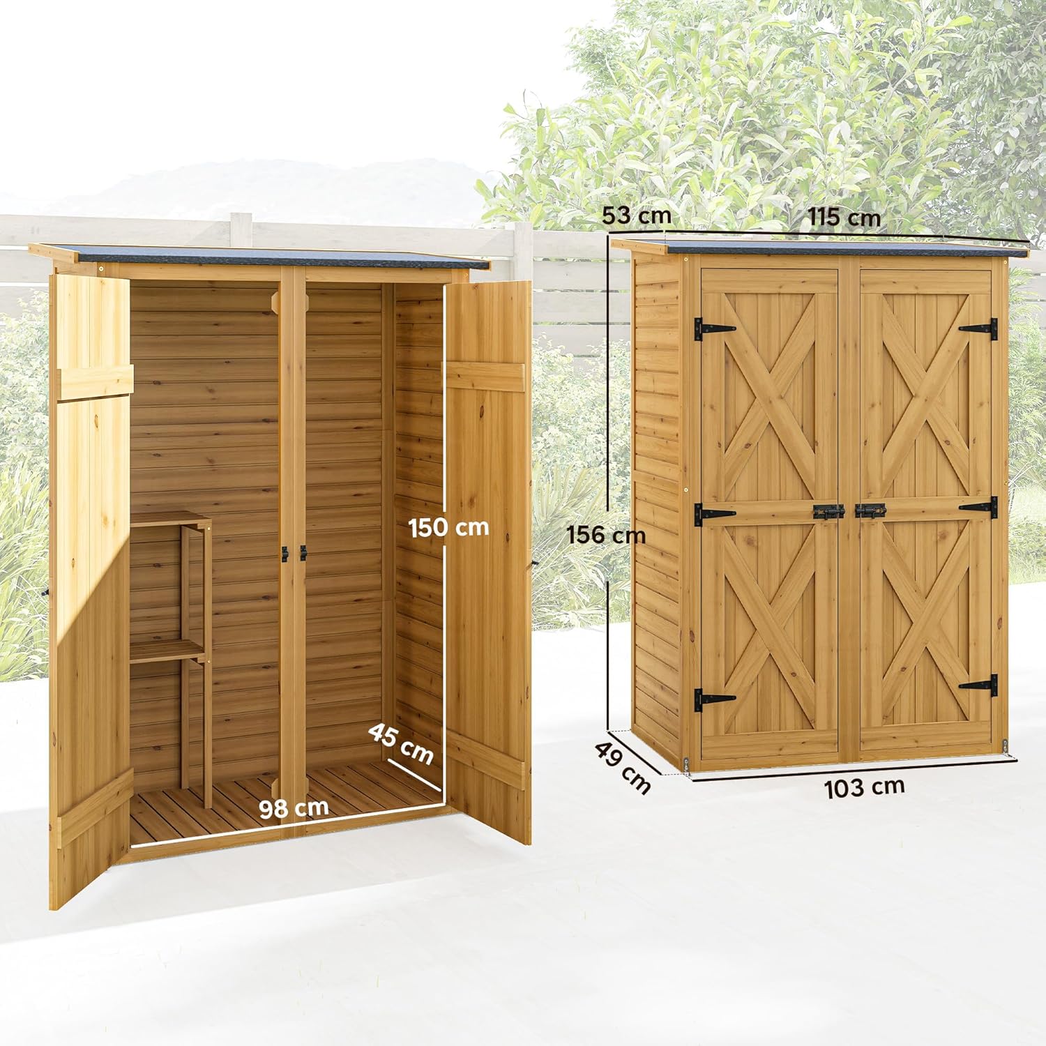 Outsunny Aufbewahrungsschuppen aus Holz, Gartenhaus mit 2 Regalen, Doppeltüren und Riegeln, Werkzeugschrank mit Schrägdach für Terrasse, Garten, Garage, Braun