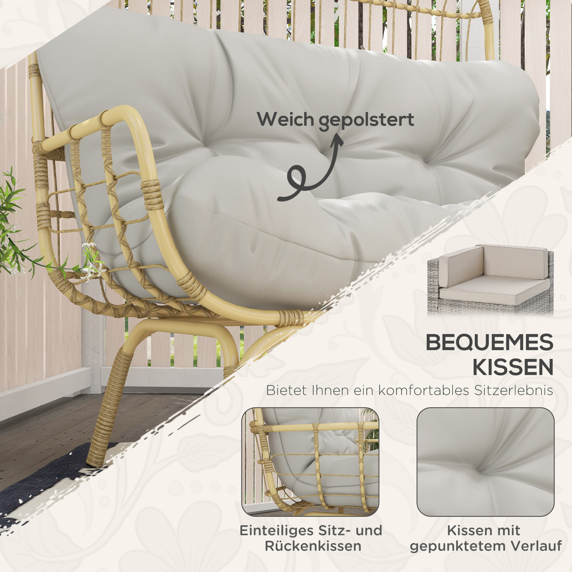 Rieten Tuinstoel, Weerbestendig, 126 cm x 72 cm x 126 cm, Natuur + Grijs