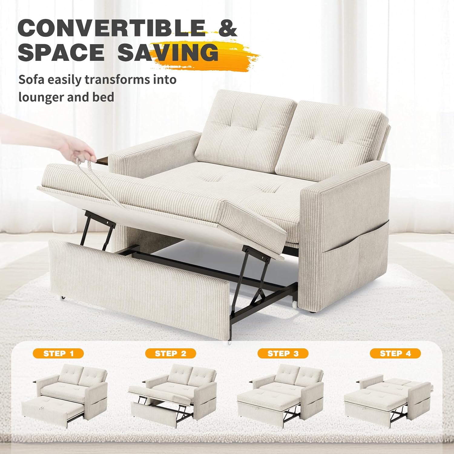 YOUDENOVA Sofá Cama 3 en 1, Sillón Cama multifunción, Sofá reclinable con Respaldo Regulable en 5 Posiciones, Sofá Cama para 2 Personas con Mesa y Bolsillos Laterales, Pana Beige