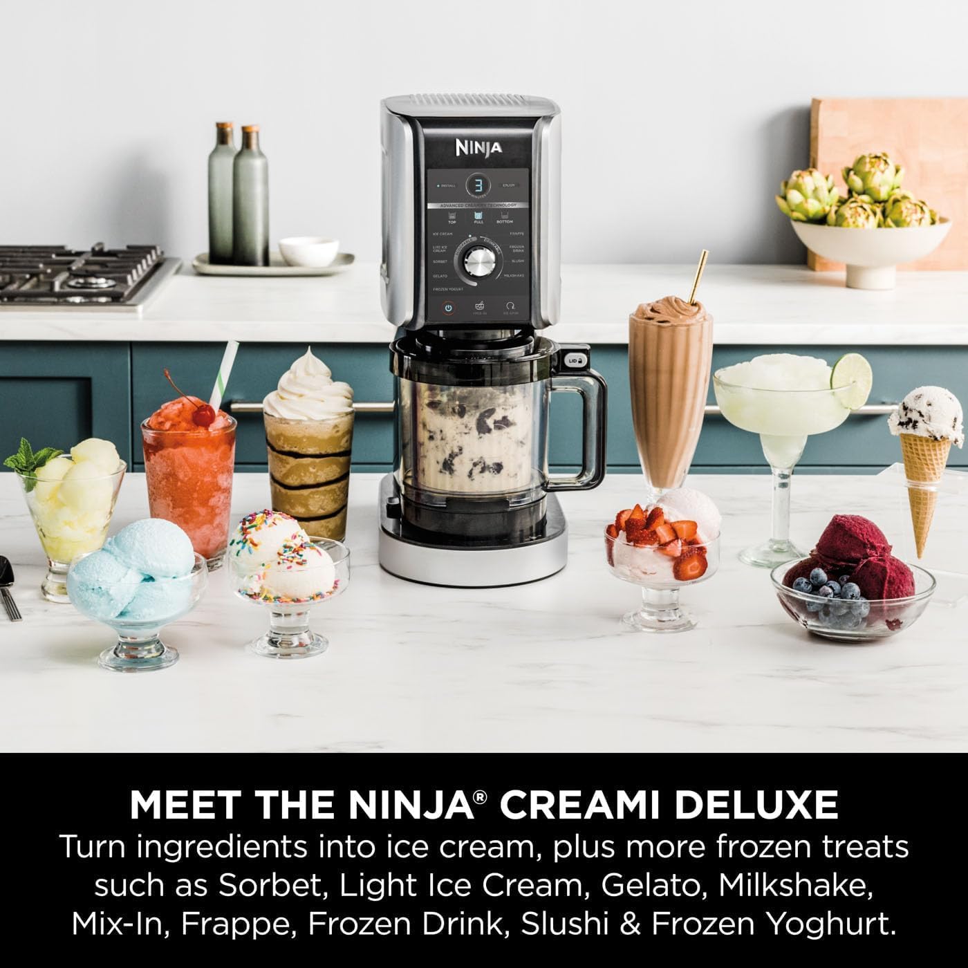 Ninja CREAMi maszyna do lodów typu Deluxe z 2 słoikami, 10 funkcji, produkuje lody, sorbety, jogurty, koktajle, granit i inne, rozmiar rodzinny, 2 smaki w 1 tacce, kolor srebrny, NC502EU