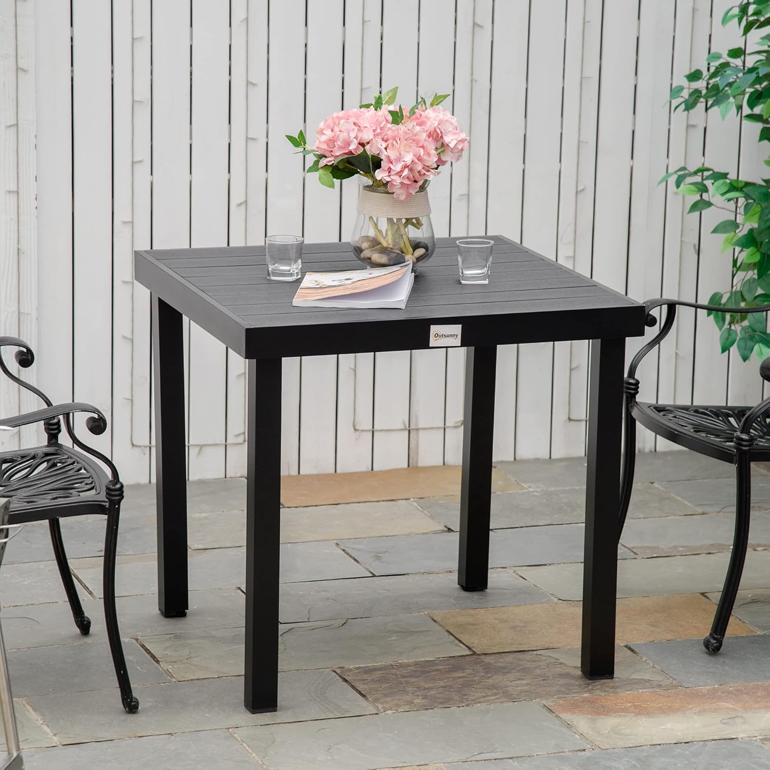 Outsunny Gartentisch für 6 Personen Esstisch Aluminiumtisch Gartenmöbel Loungemöbel pflegeleicht Kunststoff Natur+Schwarz 80 x 80 x 74 cm