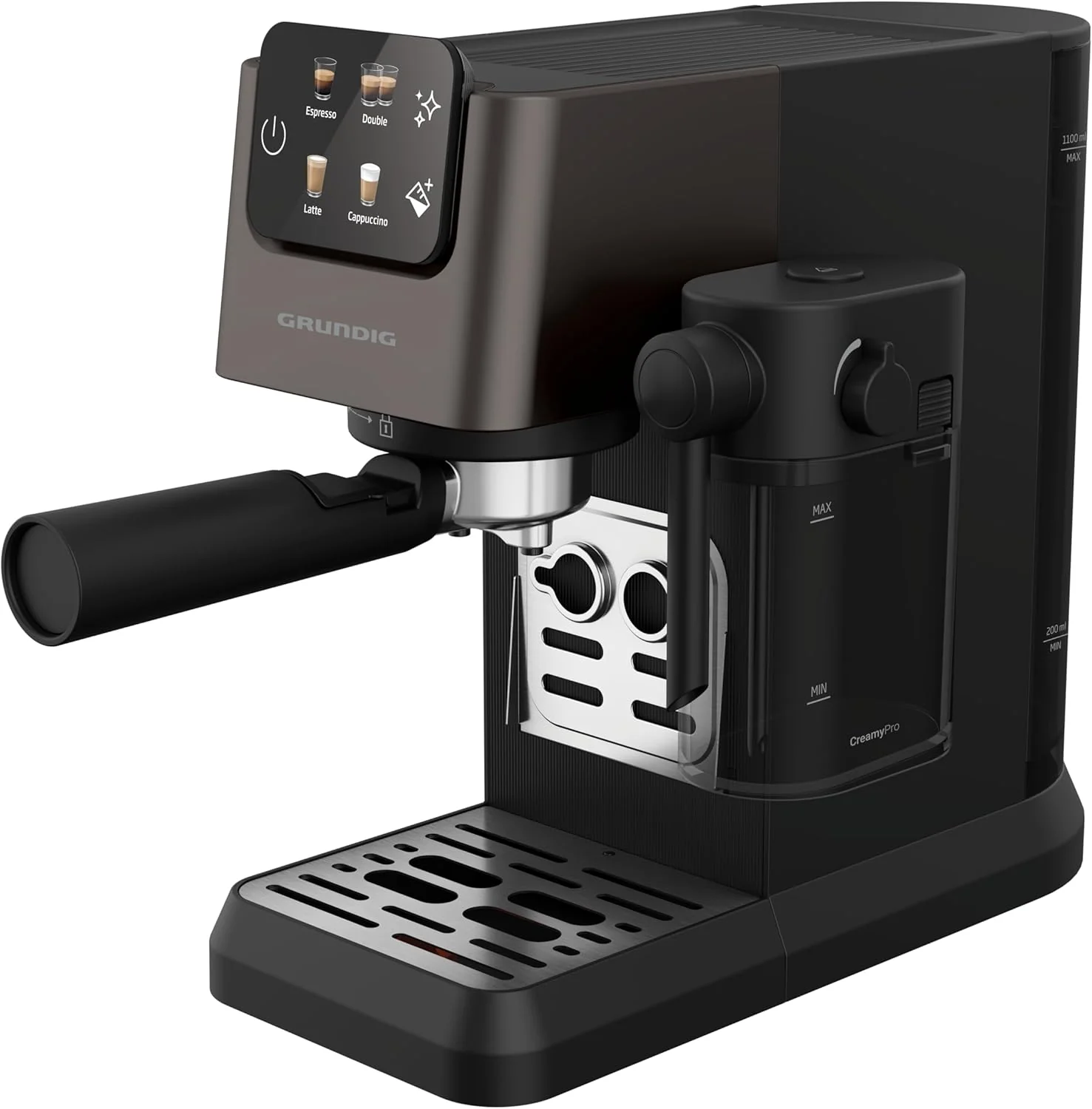 GRUNDIG KSM 5330 Espressomachine met ge?ntegreerd melkreservoir, 1628 W vermogen, 15 bar pompdruk, dubbele tuit, kleuren-touchscreen, BrewSense, CreamyPro, donker inox/zwart
