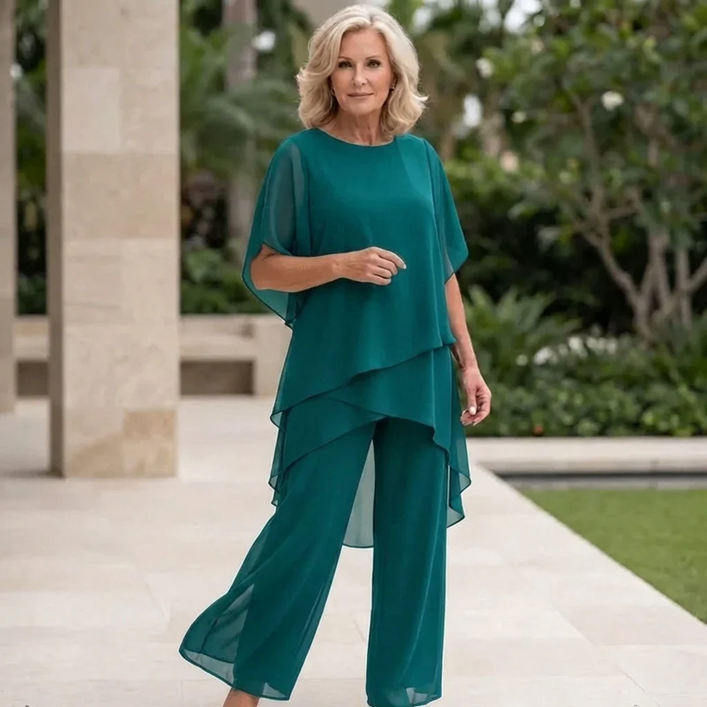 Zweiteiliges Chiffon-Set �C Asymmetrisches Lagen-Oberteil & Hose f��r Damen