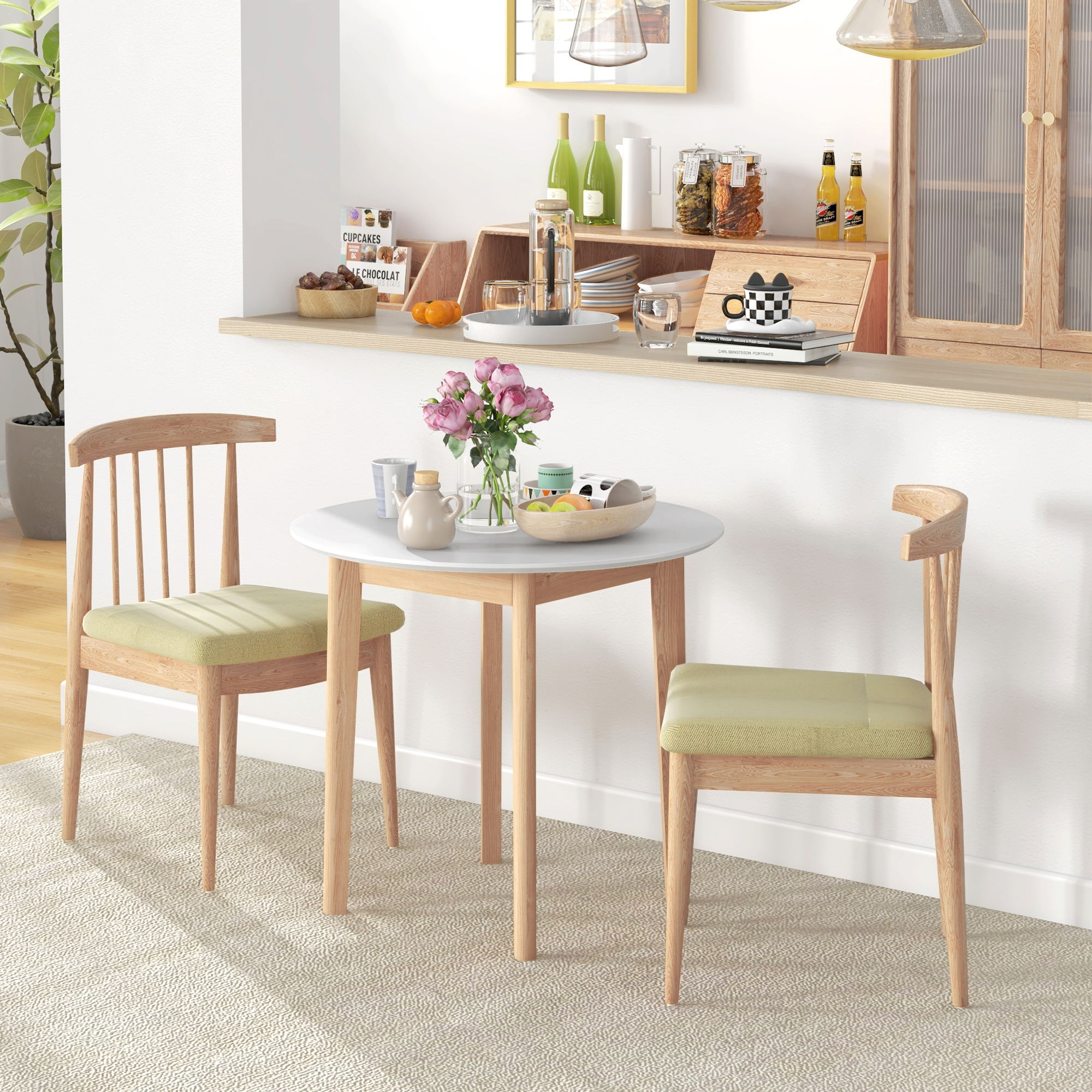 Eettafel Keukentafel Ronde Tafel, Scandinavisch Design, 75 cm x 75 cm x 76 cm, Wit + Natuur