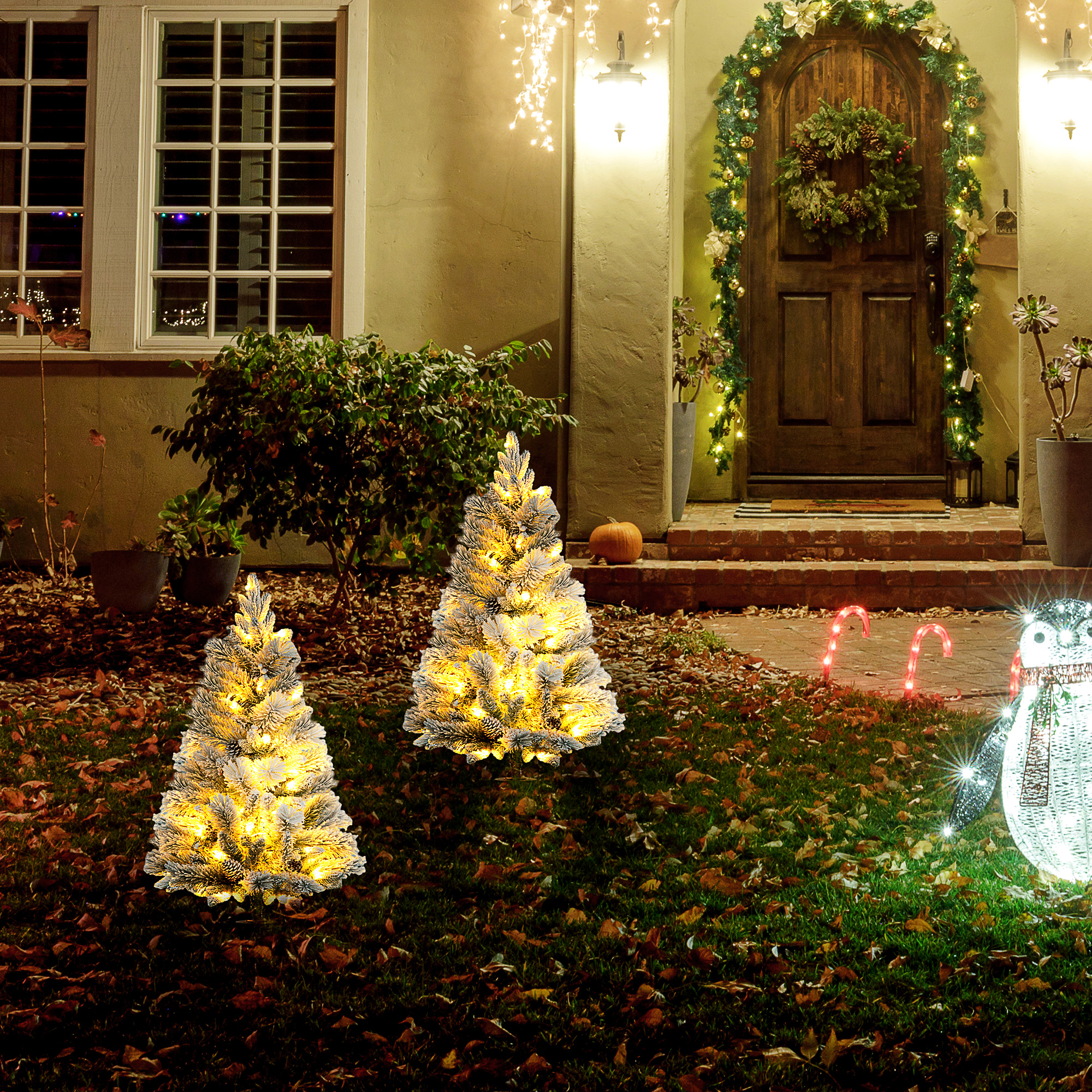 LED-Verlichte Kerstboom, Set van 2, 90 cm, Dennenappels, Rode Bessen, Brandveilig, Groen/Wit
