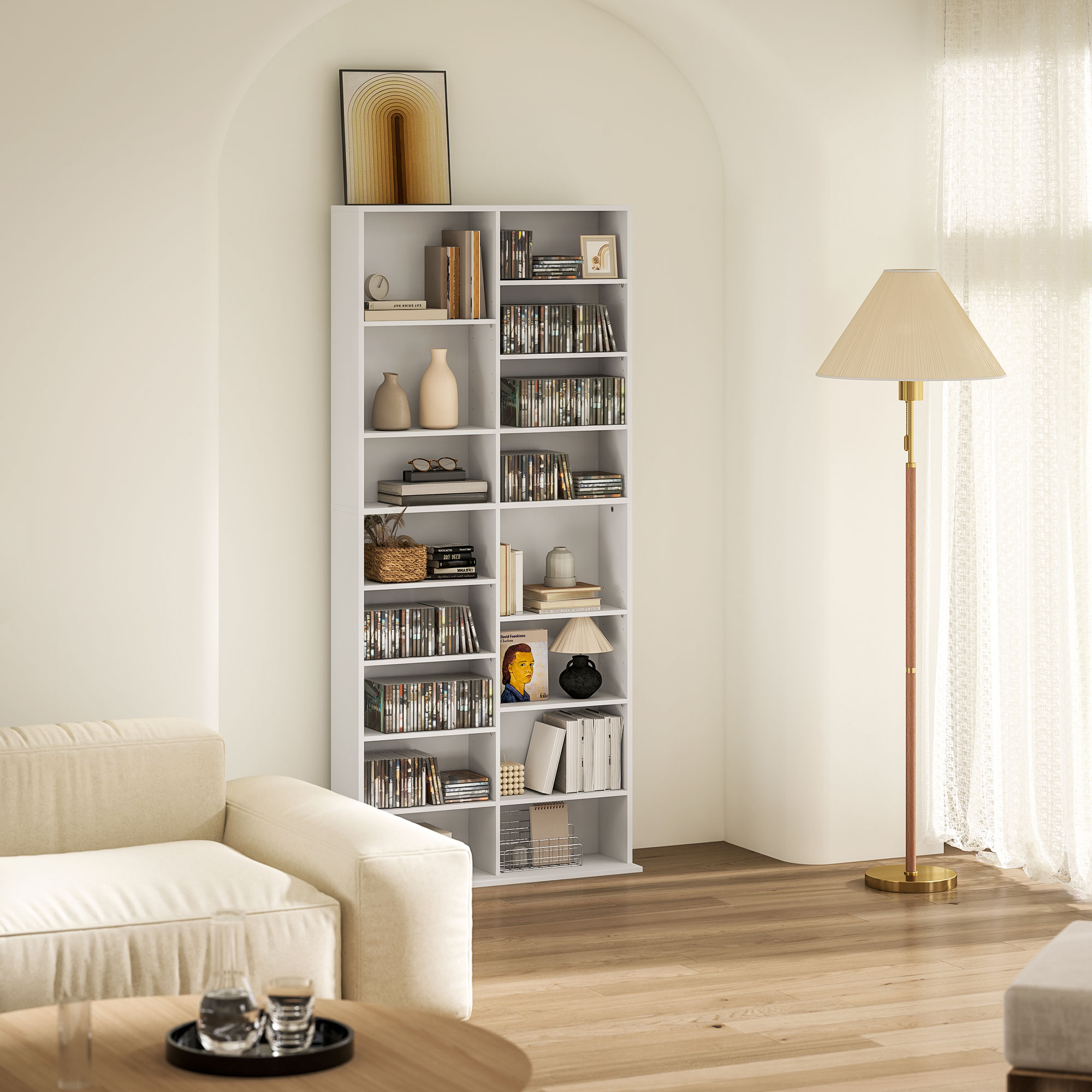 DVD-Rek, CD-Opslagrek, 14 Aanpasbare Planken, 18 Vakken, 175 cm, Blu-ray-Rek, Spaanplaat, Wit