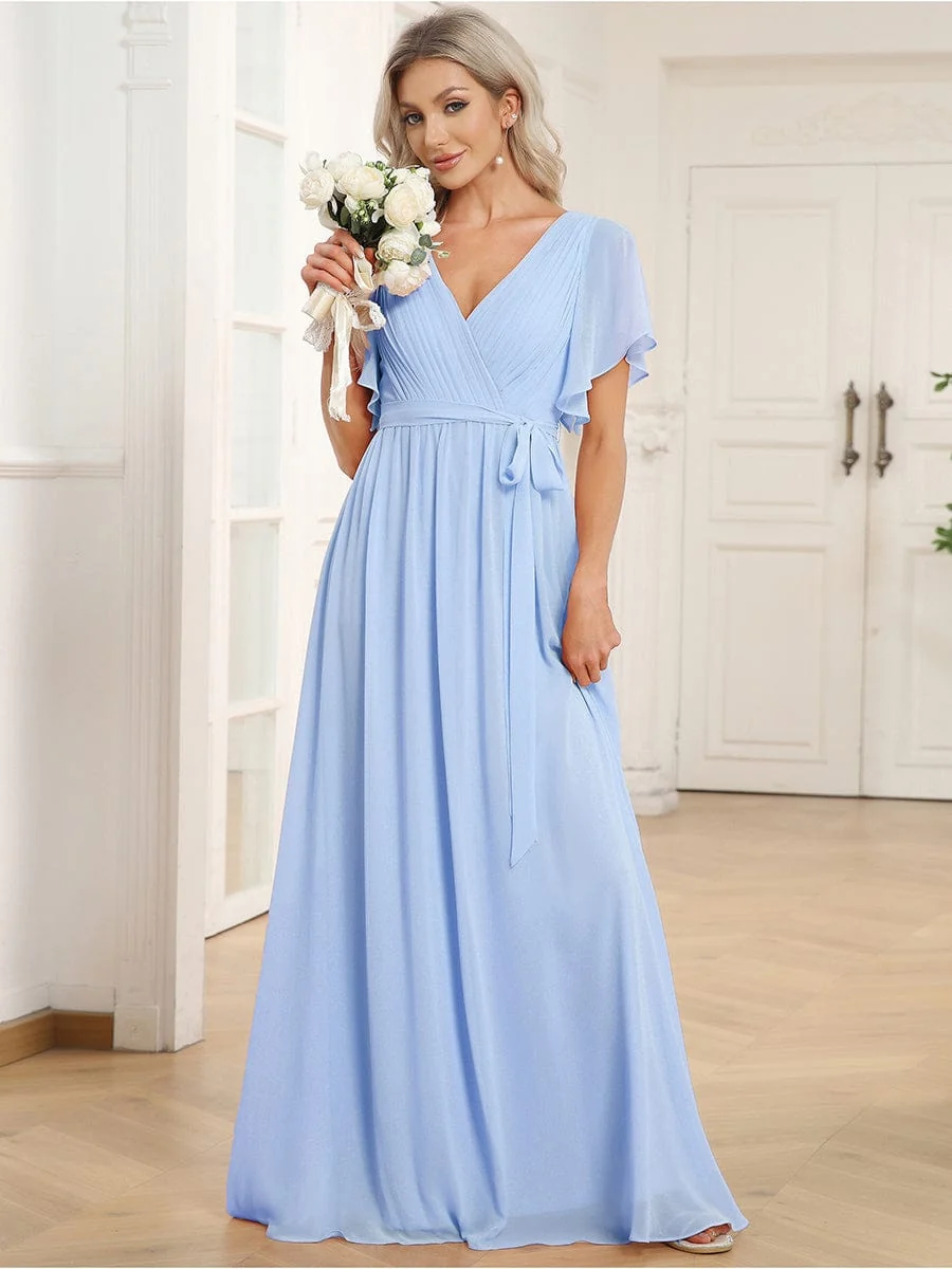 Abendkleid Damen Maxi A-Linie aus Chiffon | Festliches Kleid f��r Hochzeitsg?ste mit V-Ausschnitt und Fl��gel?rmeln